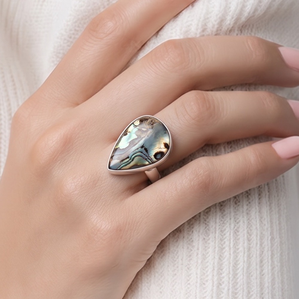 Handcrafted Abalone Ring Women Multi New Silver Plated Adjustable Teardrop